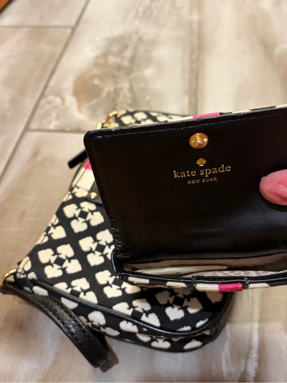 kate spade Black & Cream Patterned Wristlet with Pink Stripe